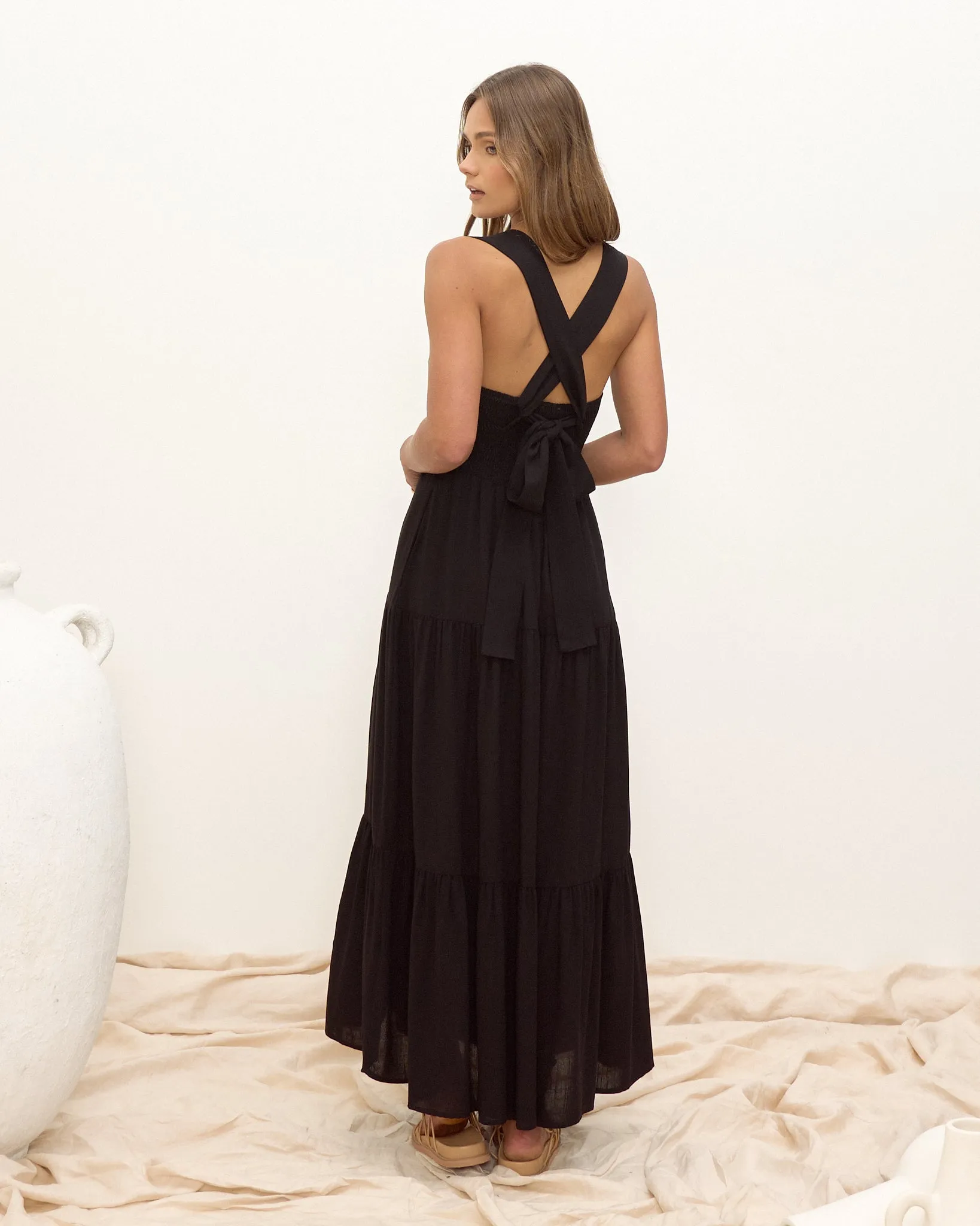 Myah Black Tiered Midi Dress