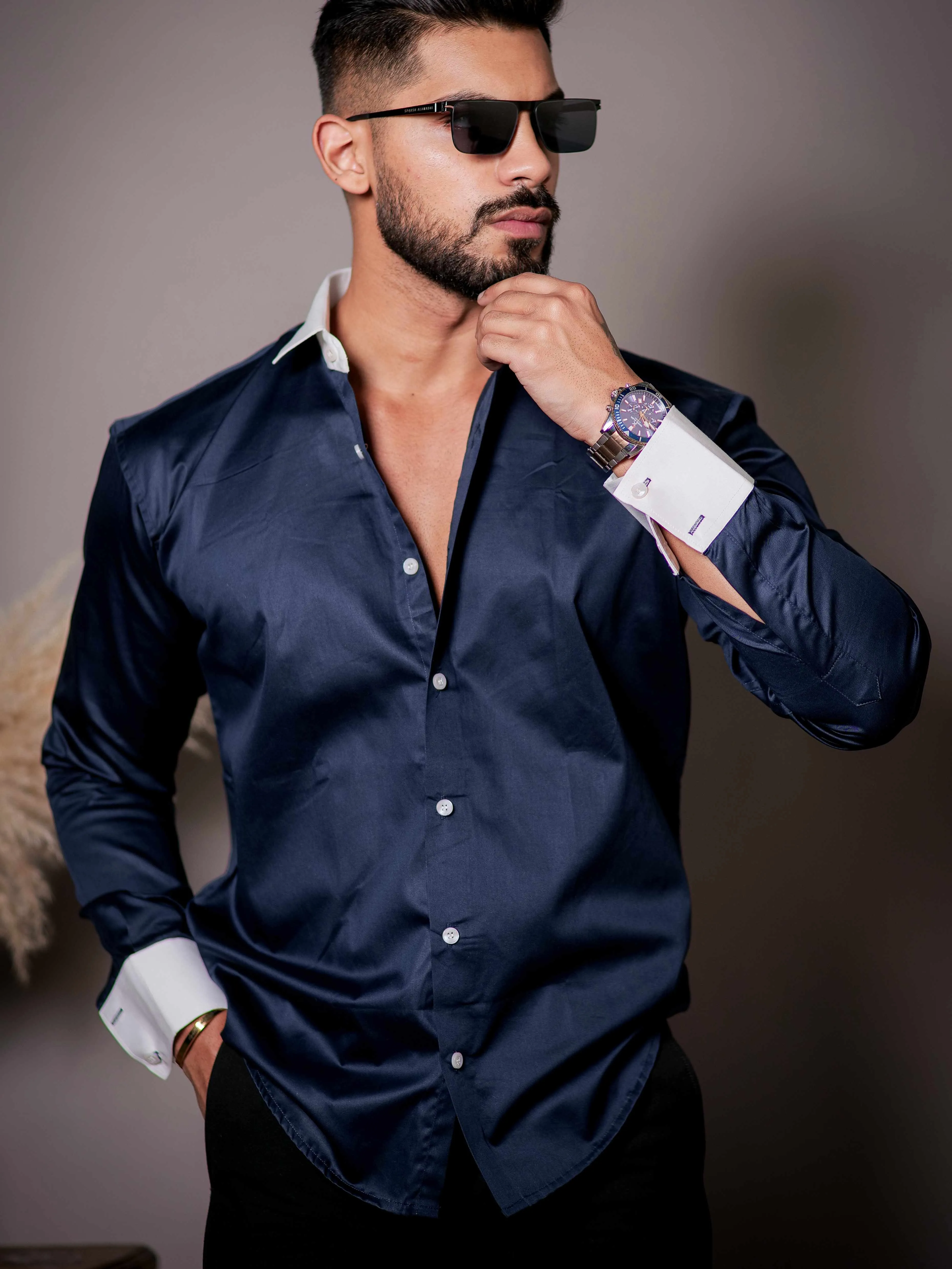 Navy Blue Satin Cotton Premium Shirt