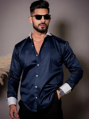 Navy Blue Satin Cotton Premium Shirt