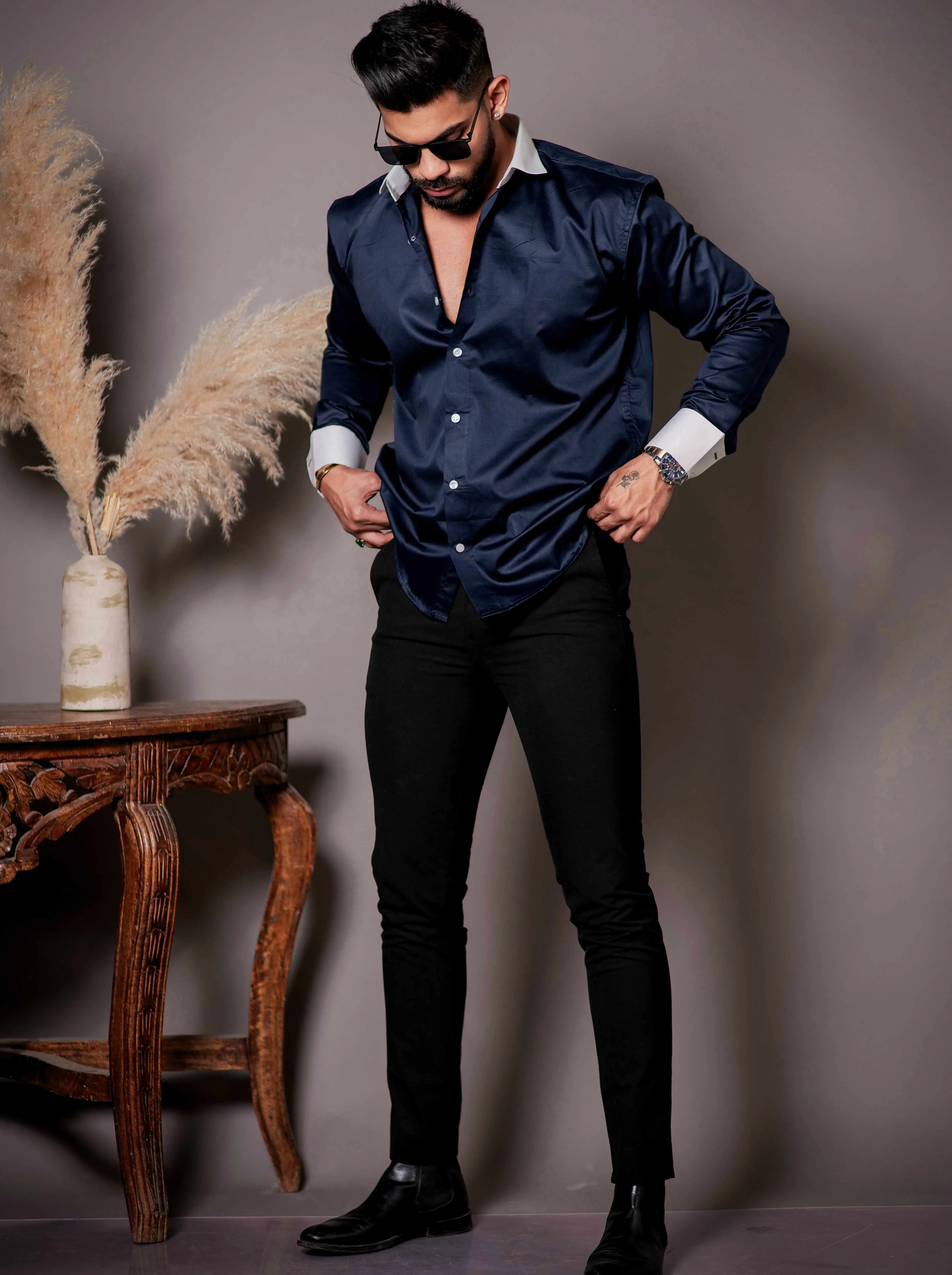 Navy Blue Satin Cotton Premium Shirt