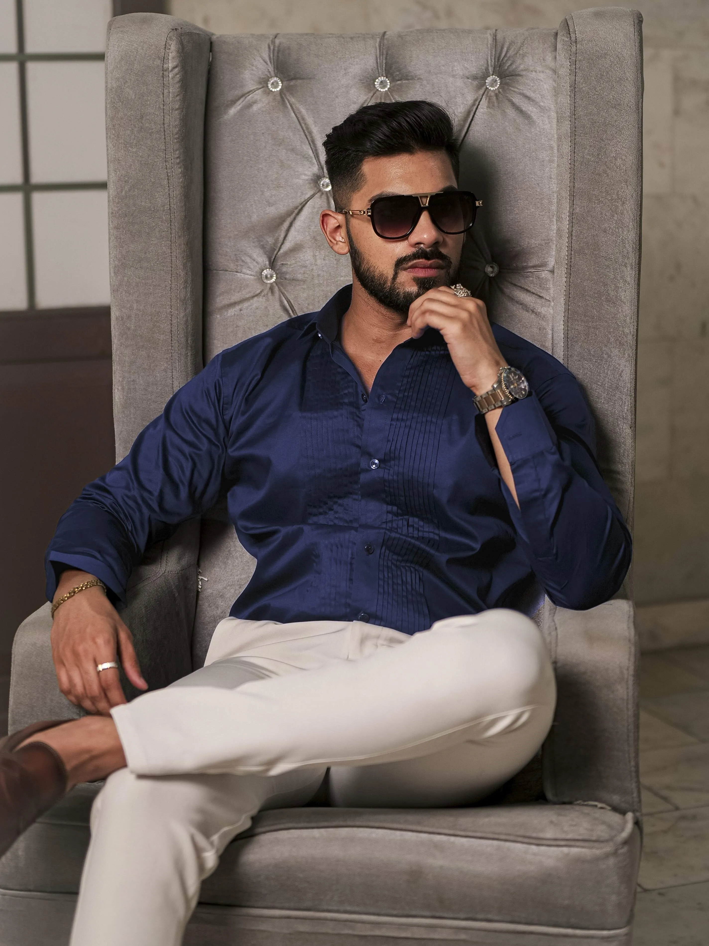 Navy Blue Subtle Sheen Tuxedo Premium Giza Satin Cotton Shirt