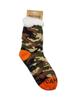 Northern Comfort "Orange Camo" Sherpa Lined, Grip Women and Men's Slipper Socks