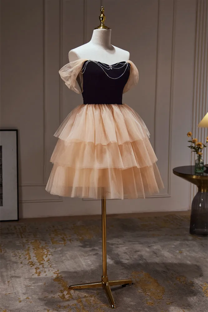 Off the Shoulder Black and Champagne Ruffle Short Dress