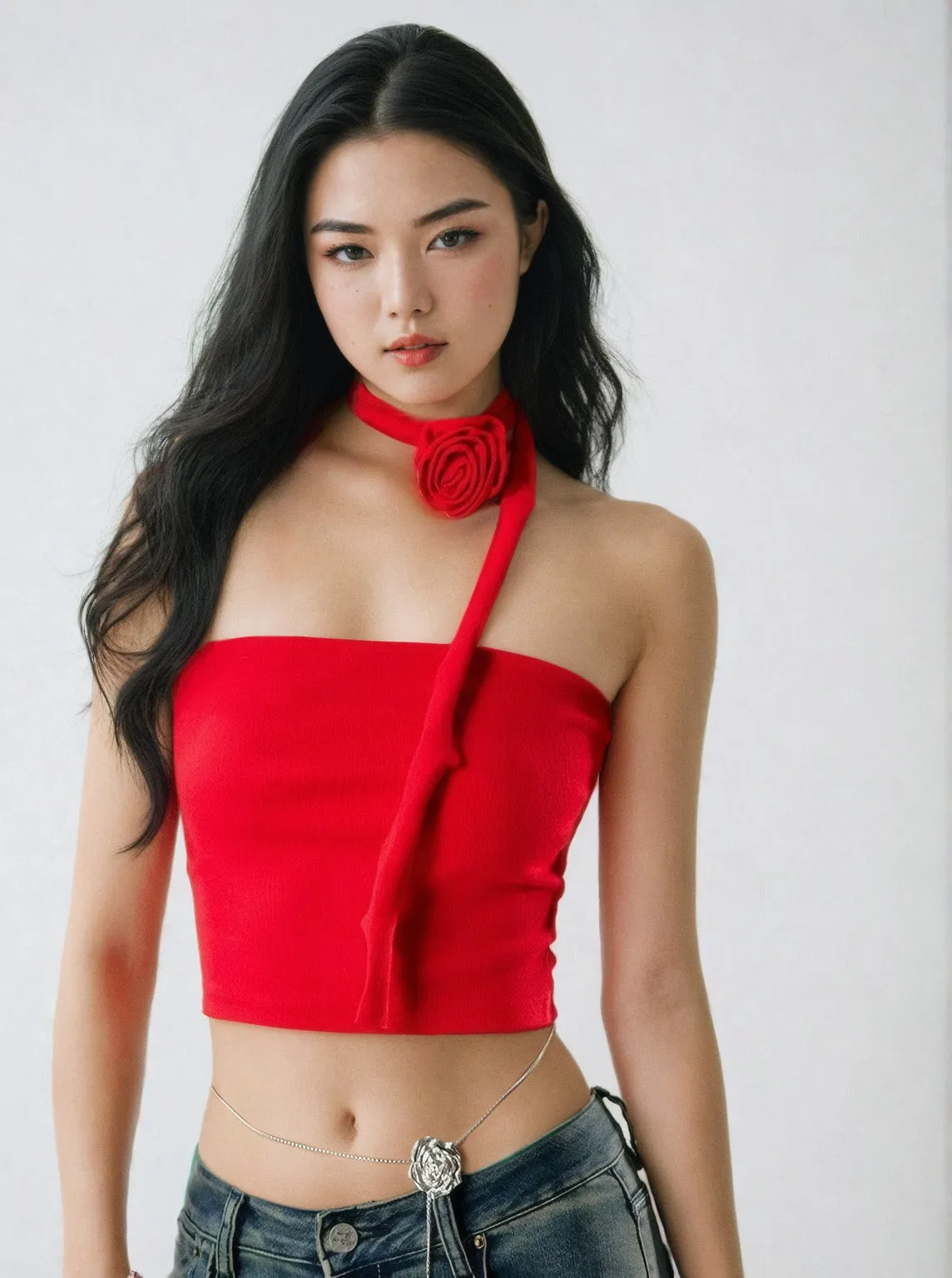 One-Shoulder Ruffled Crop Top with Rose Neck Detail