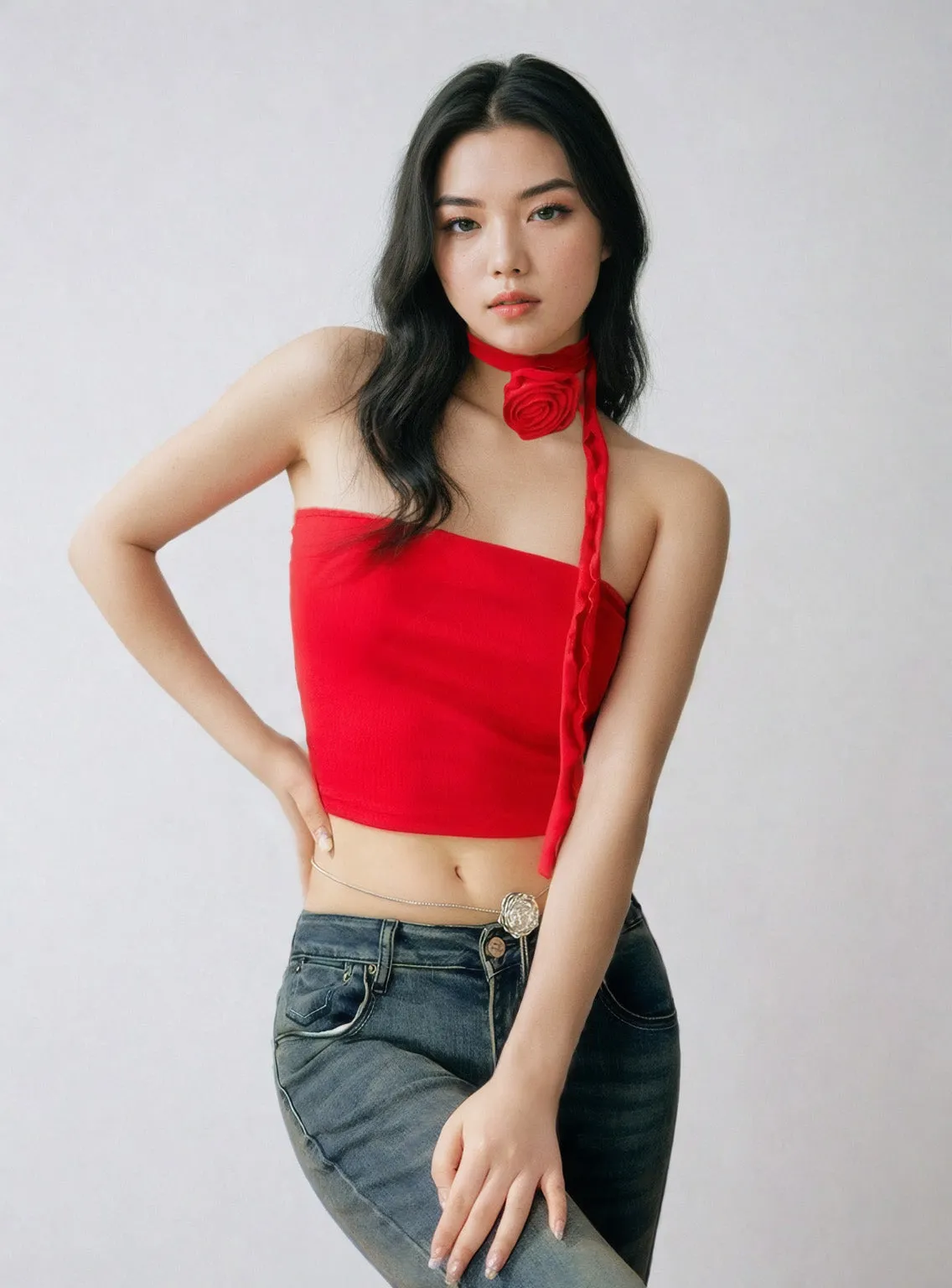 One-Shoulder Ruffled Crop Top with Rose Neck Detail