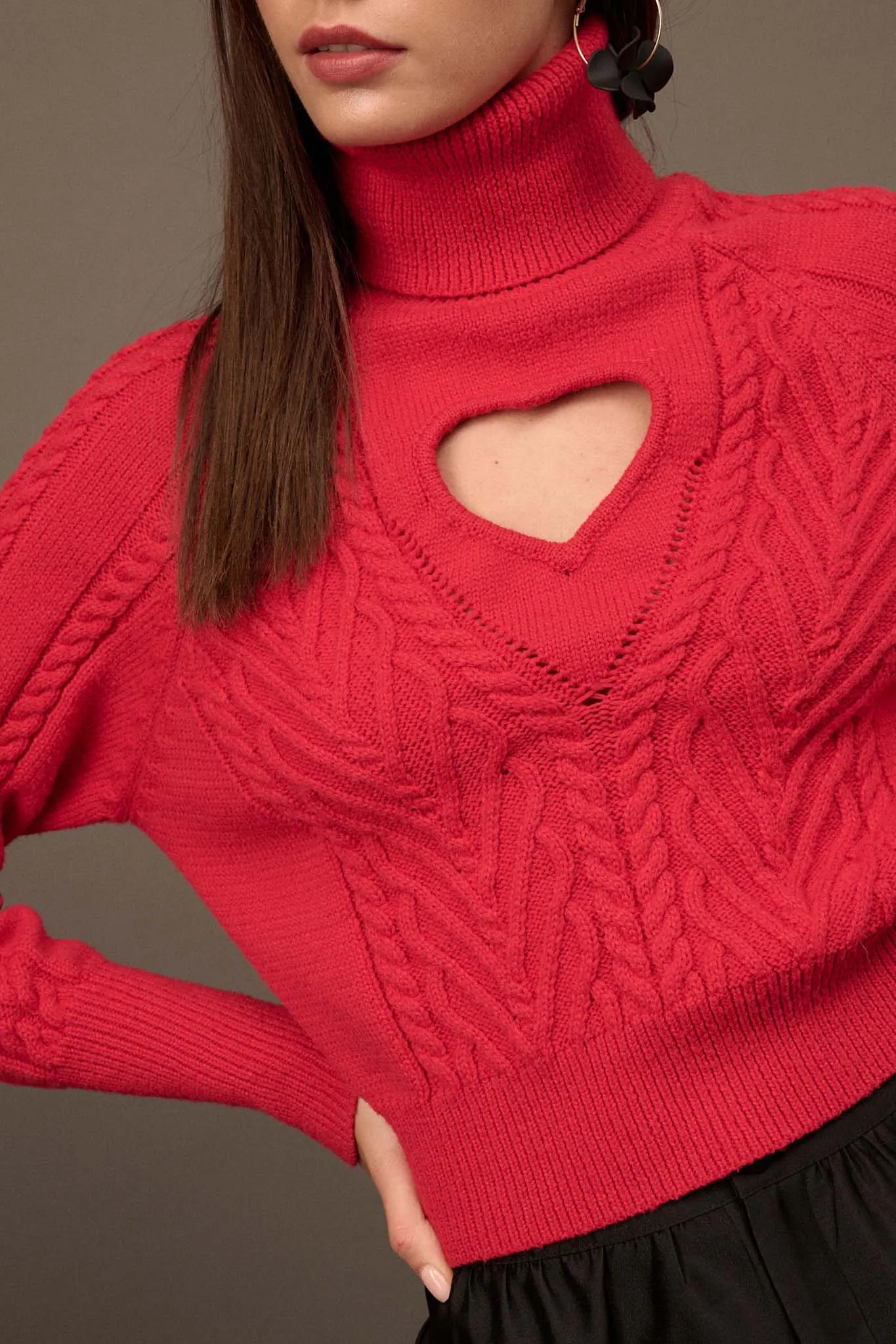 Open Heart Keyhole Cable Knit Turtleneck Sweater