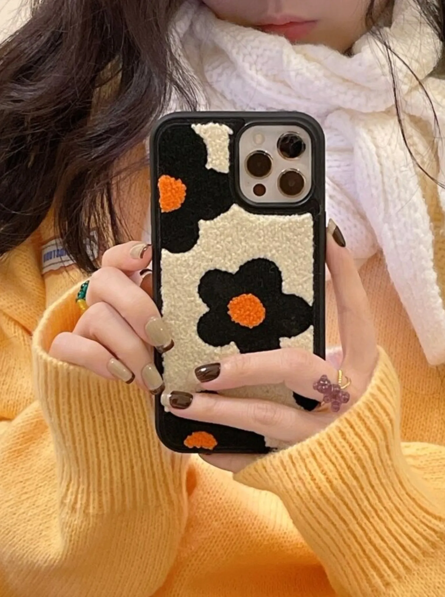 Orange Flowers Embroidered iPhone Case