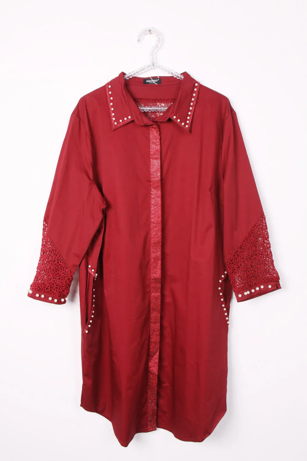 Pearl Rhinestone Trim Lace Insert Shirt Dress