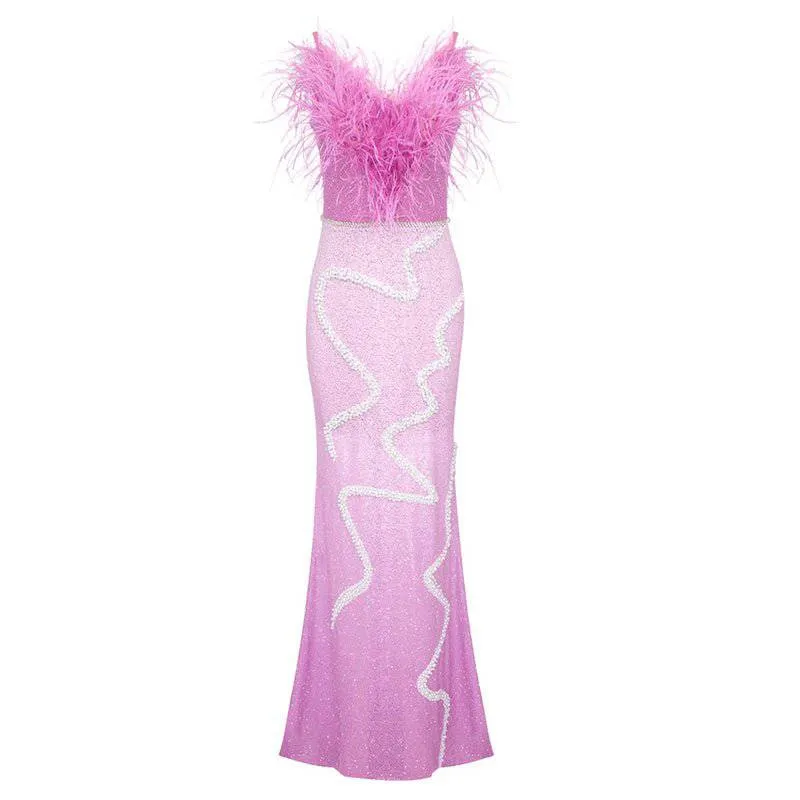 Peggy Strapless Sequins Feather Maxi Dress