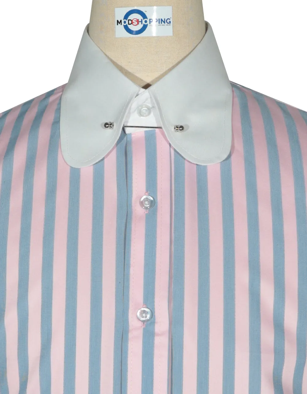 Penny Pin Collar Shirt - Pink Blue and Navy Blue Stripe Shirt