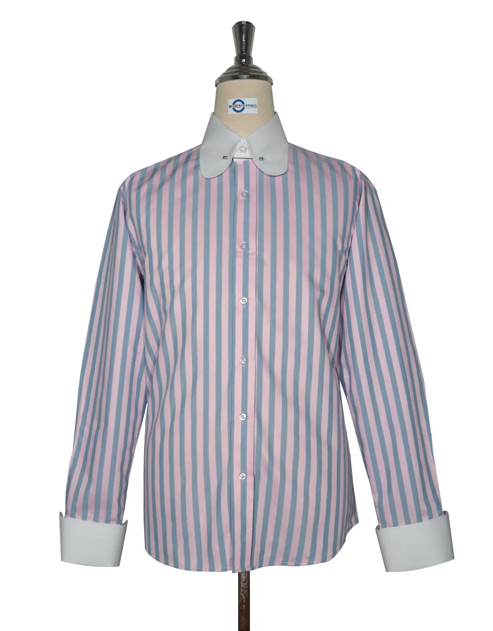 Penny Pin Collar Shirt - Pink Blue and Navy Blue Stripe Shirt