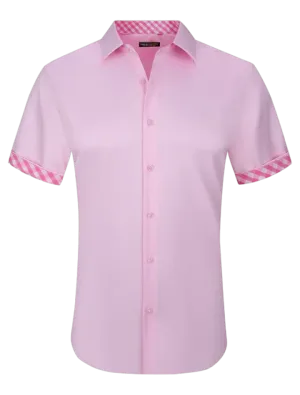 Pink men's short sleeve shirts stretch material fancy cuff on the sleeves