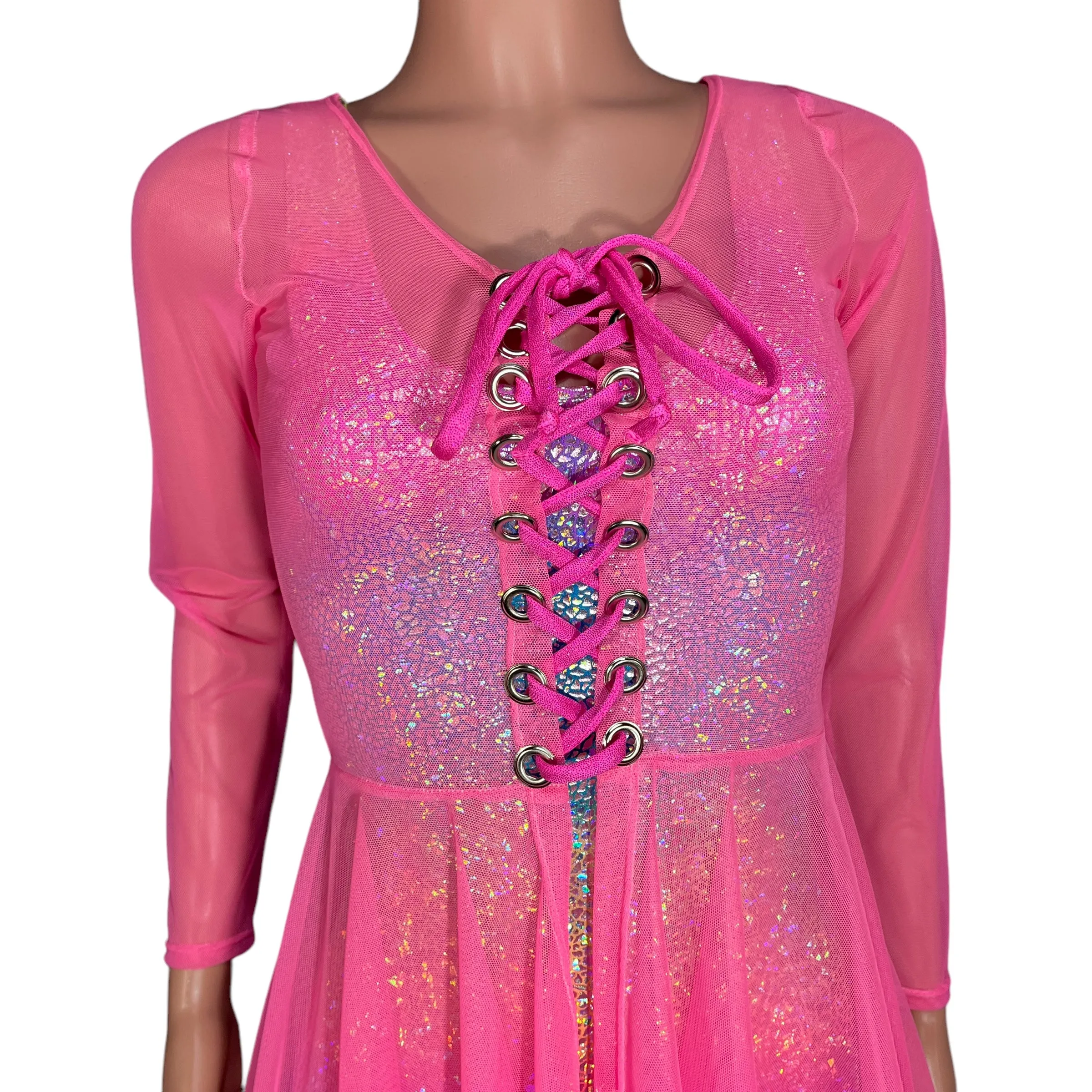 Pink Mesh Long Sleeve Lace-Up Open-Front Asymmetrical Dress - Sheer Rave Dress