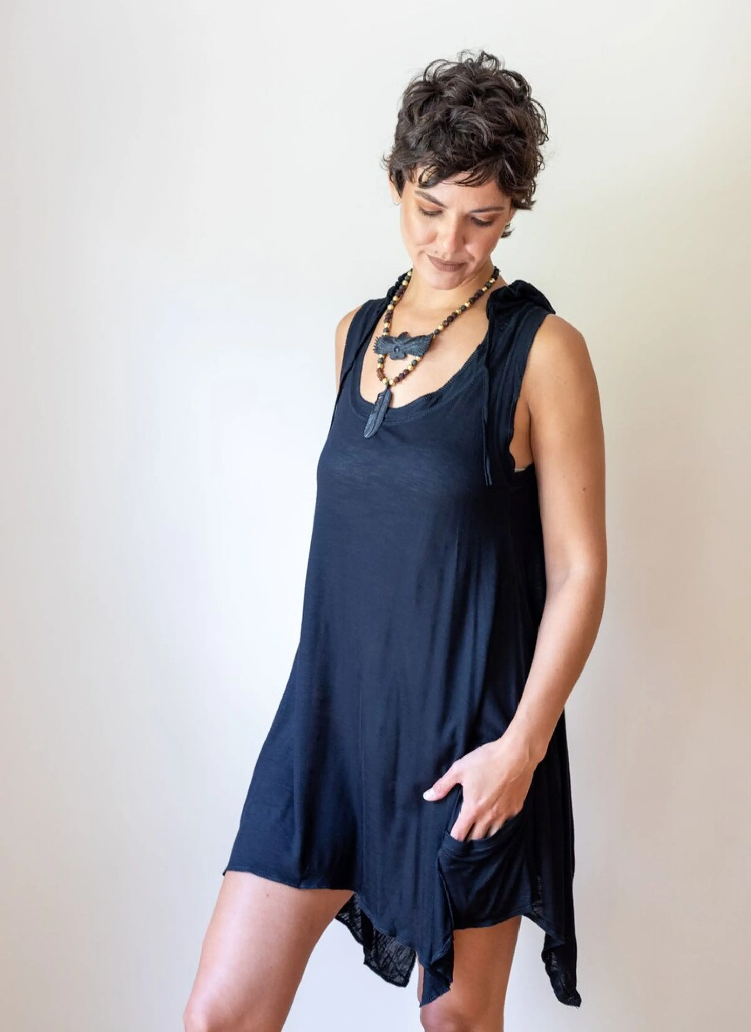 Pixie Sleeveless Hoodie Dress in Black