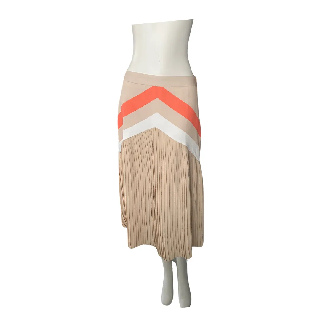 Pleated Chevron Midi Skirt Beige SIZE M