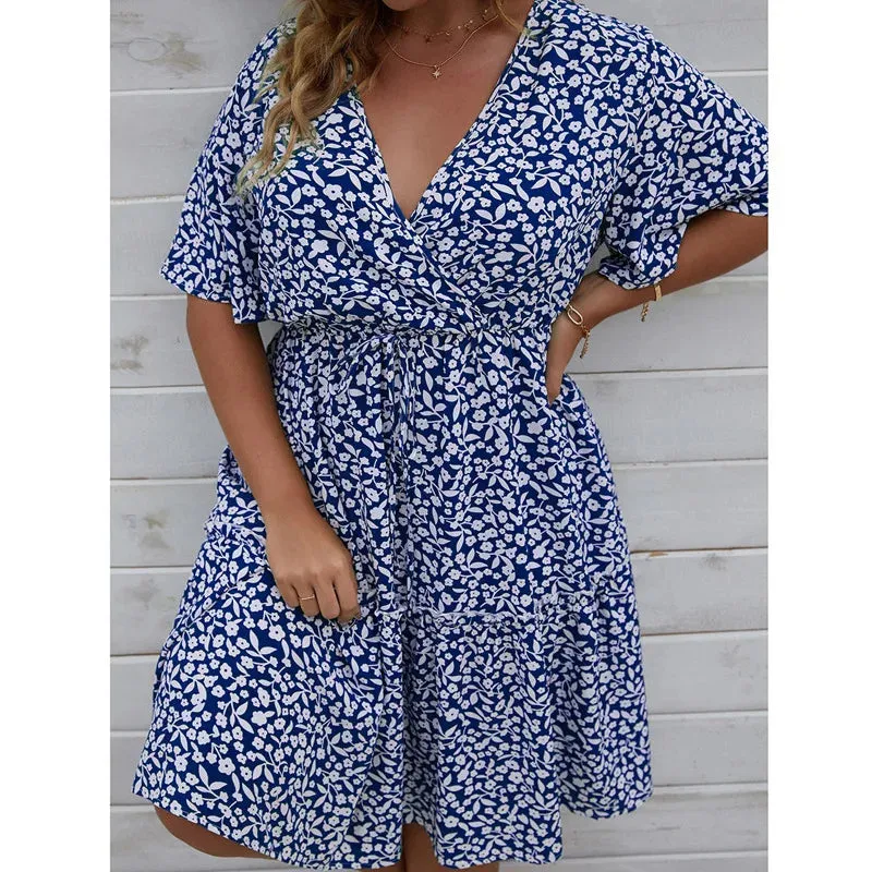 Plus Size Dress Woman 2023 Summer V Neck Short Sleeve Floral Print Casual Midi Dress High Waist Chic Beach Party Dresses