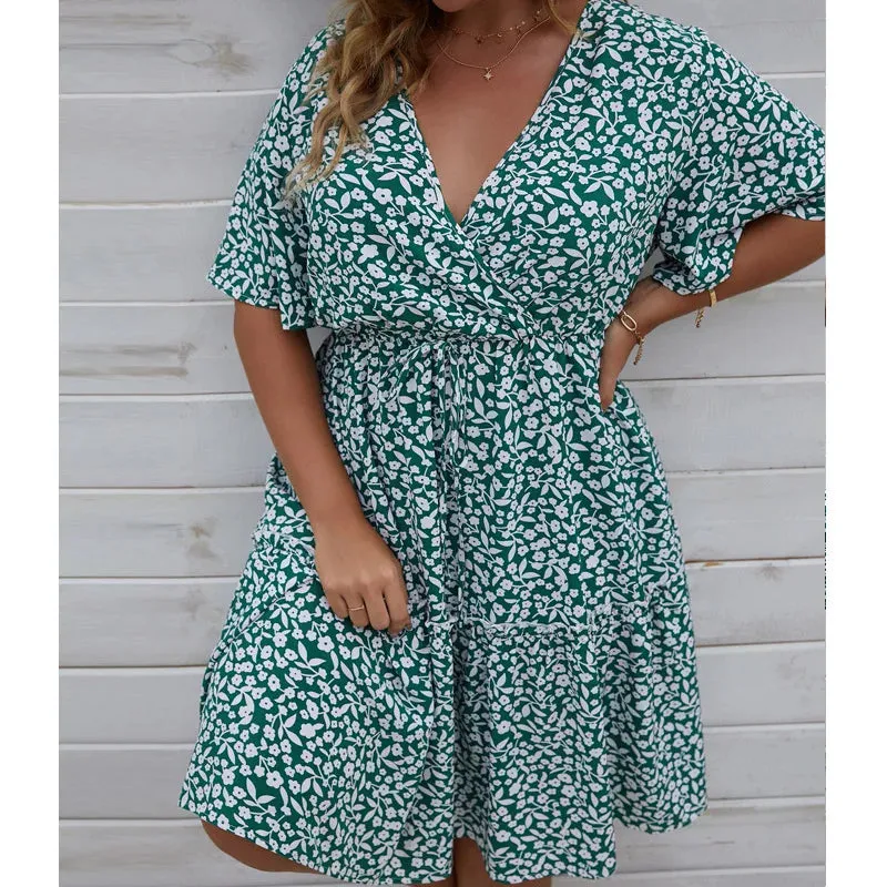 Plus Size Dress Woman 2023 Summer V Neck Short Sleeve Floral Print Casual Midi Dress High Waist Chic Beach Party Dresses