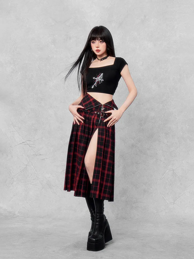 Punk Plaid Split Midi Skirt