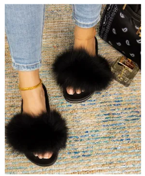 "Haley" Black Jeweled Faux Fur Slides