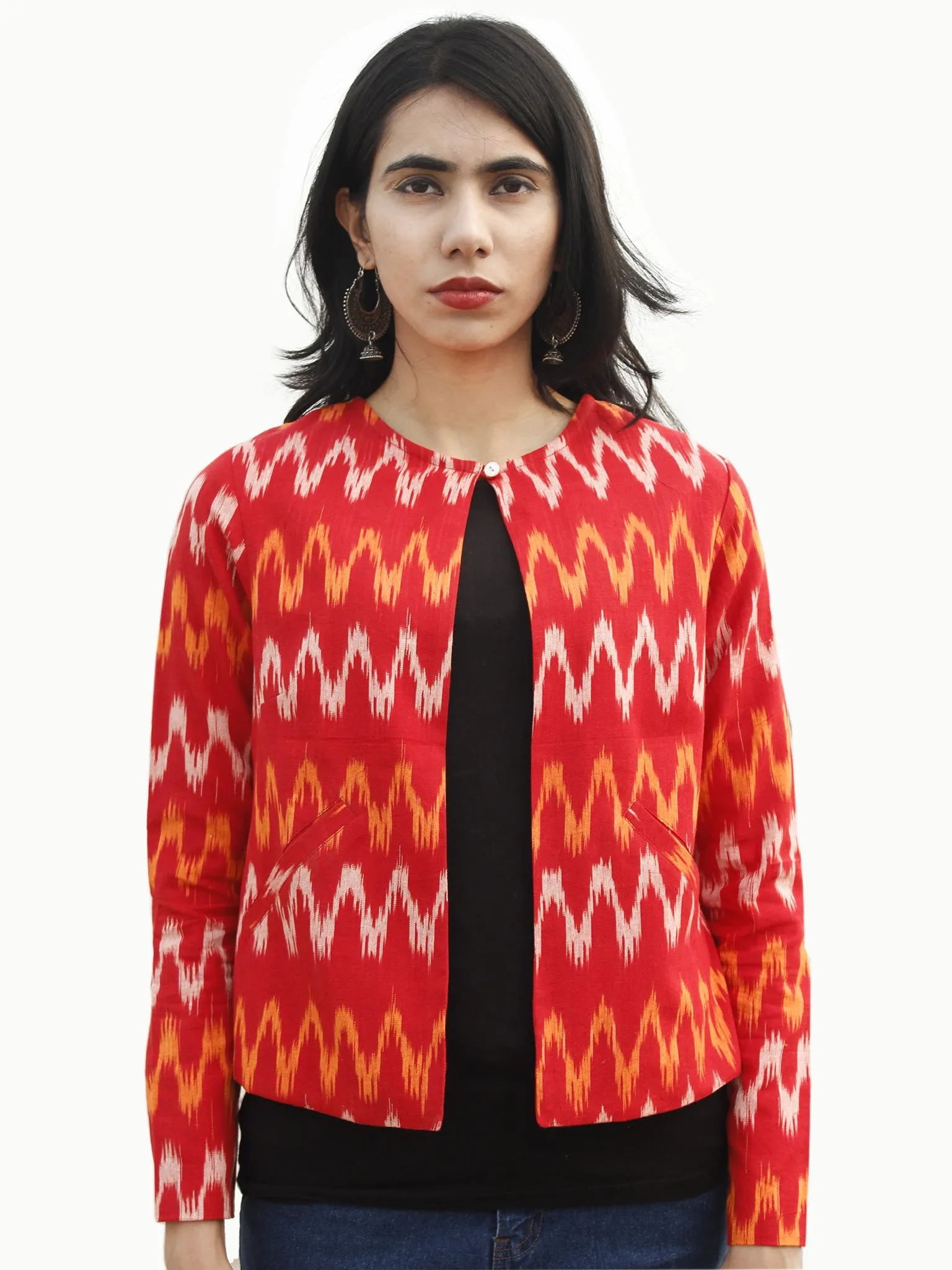 Red Yellow Ivory Hand Woven Ikat Crop Jacket With Front Pockets - J05F961