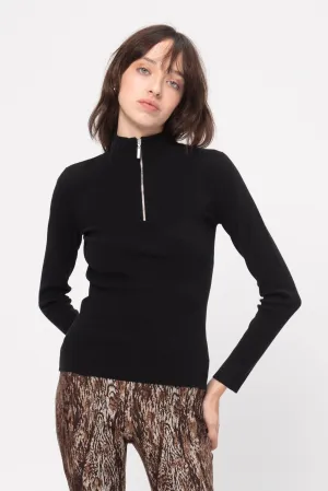 Ribbed Zip Up Turtleneck Sweater, Black