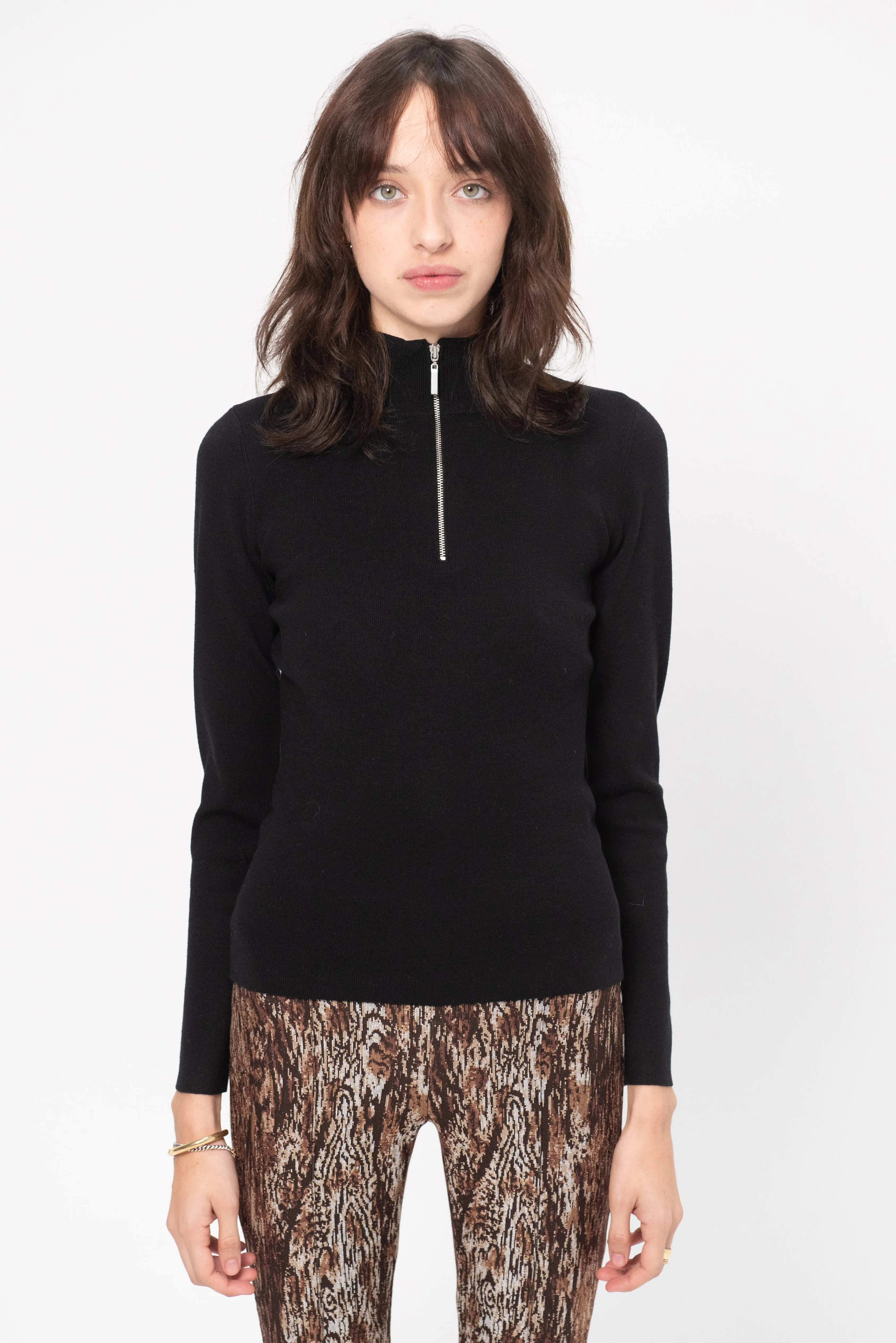 Ribbed Zip Up Turtleneck Sweater, Black