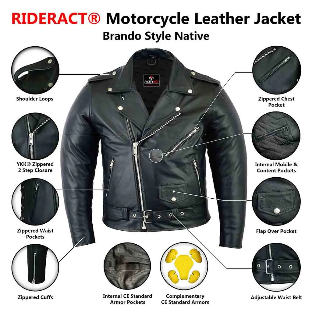 RIDERACT® Leather Motorcycle Jacket Brando Native with CE Armors