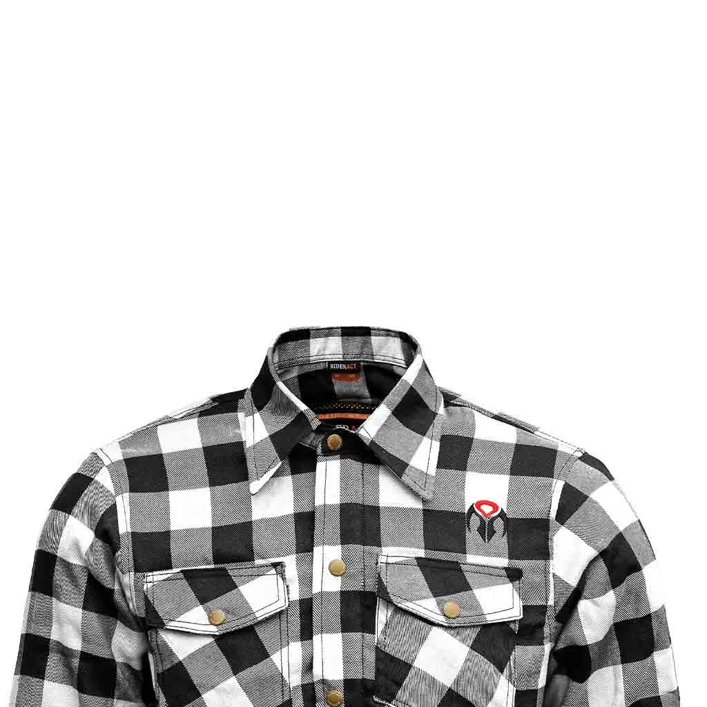 RIDERACT® Men's Motorcycle Riding Reinforced Flannel Shirt Road Series Black & White