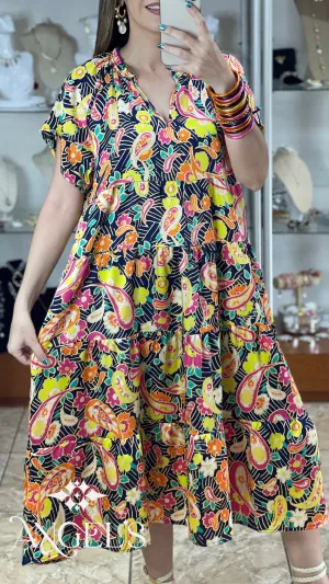 Satin Paisley A-Line Midi Dress