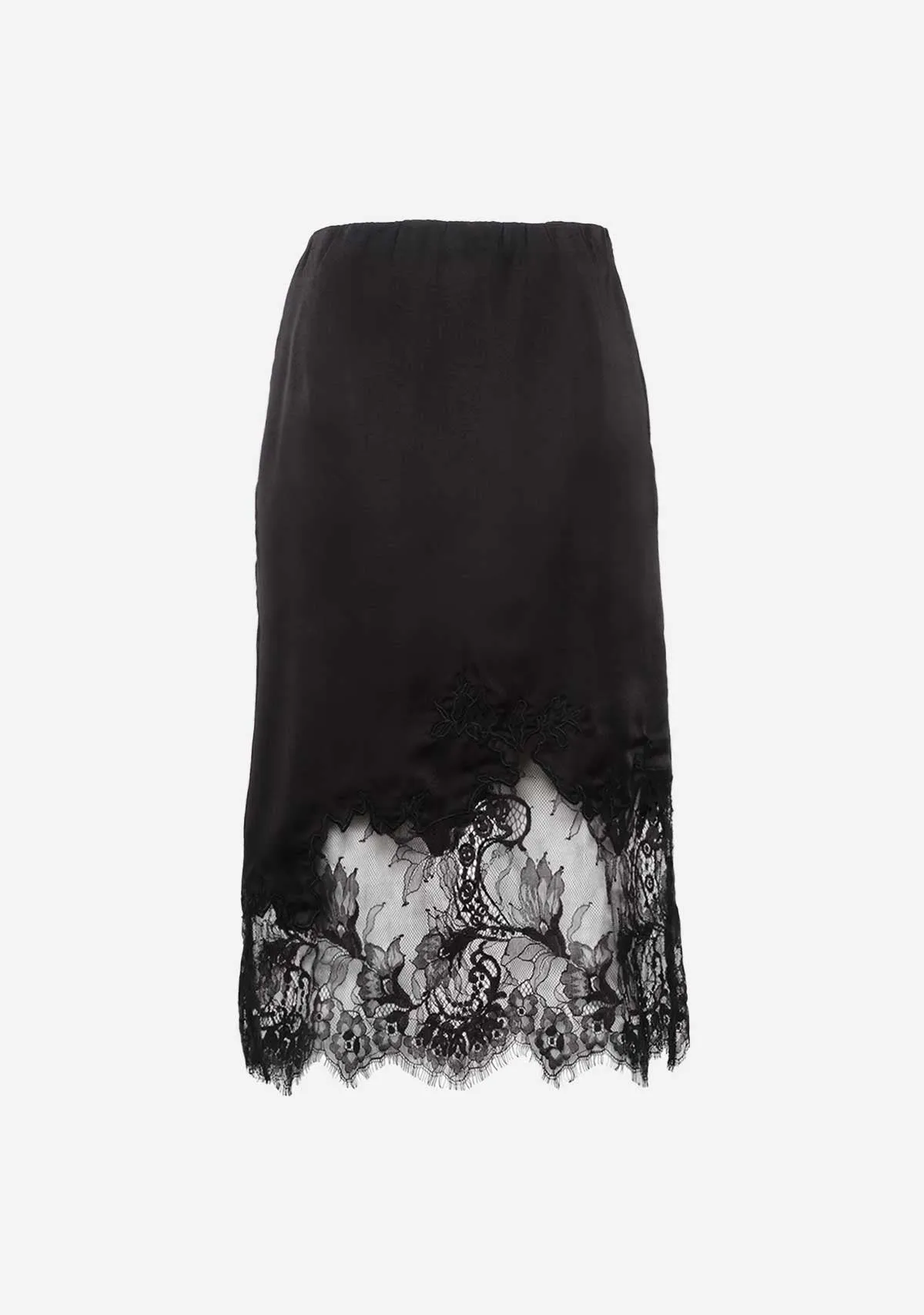 Scalloped Lace Embroided Satin Midi Skirt Black