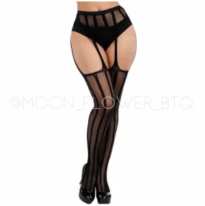 Sexy Pin Stripe Garter Suspender Thigh High Fishnet Pantyhose