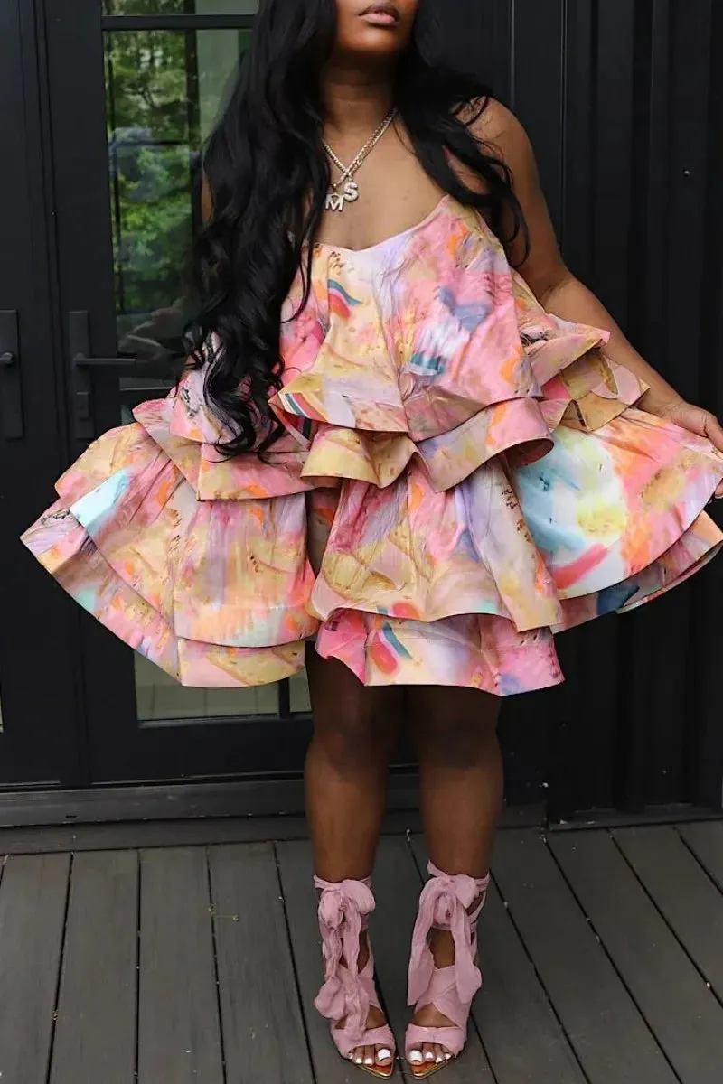 Sexy White Multicolor Abstract Watercolor Print Layered Tutu Mini Dress