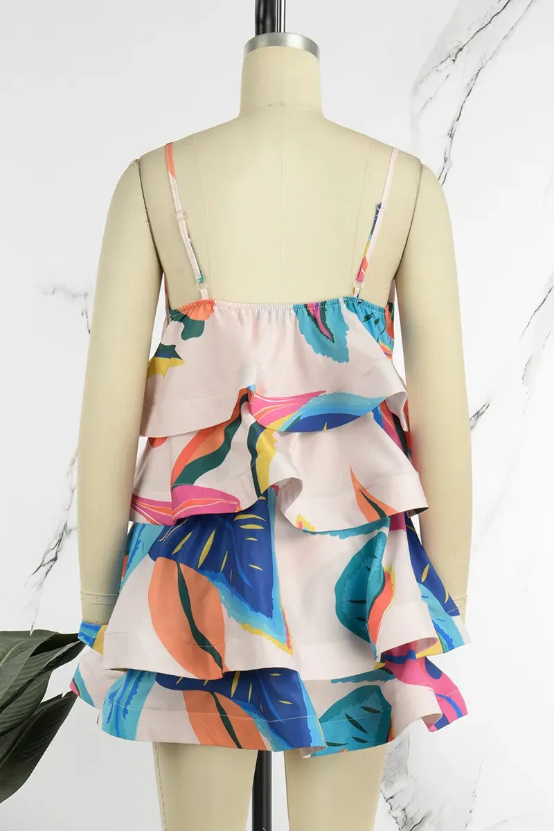 Sexy White Multicolor Abstract Watercolor Print Layered Tutu Mini Dress