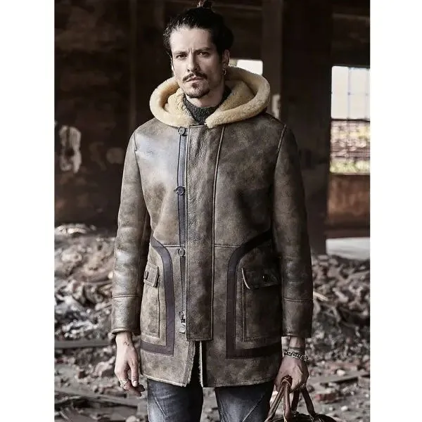 Sheepskin Coat Long Leather Jacket Hooded Fur Coat Thick Mens Winter Coats