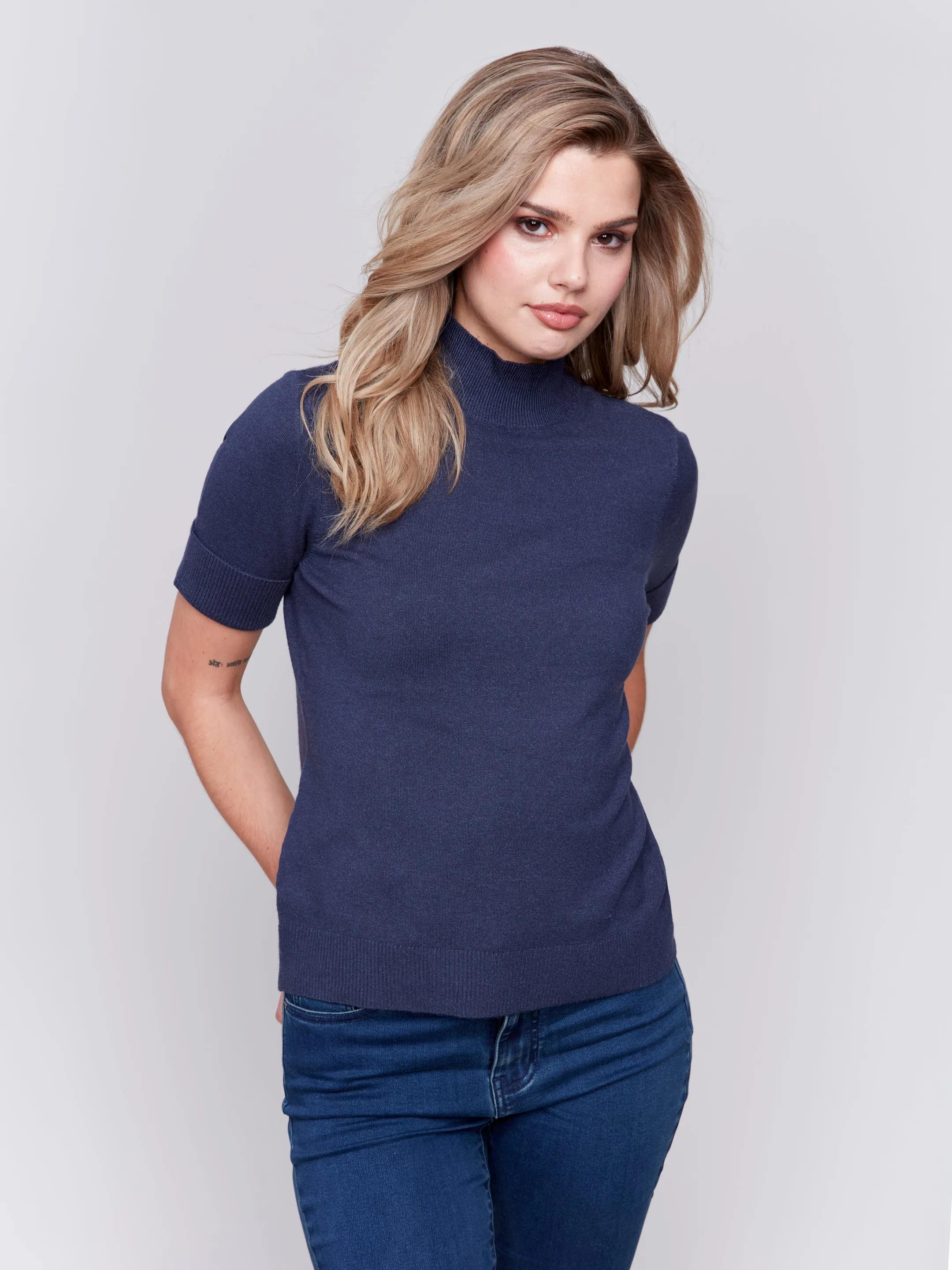 Short Sleeve Mock Neck Sweater