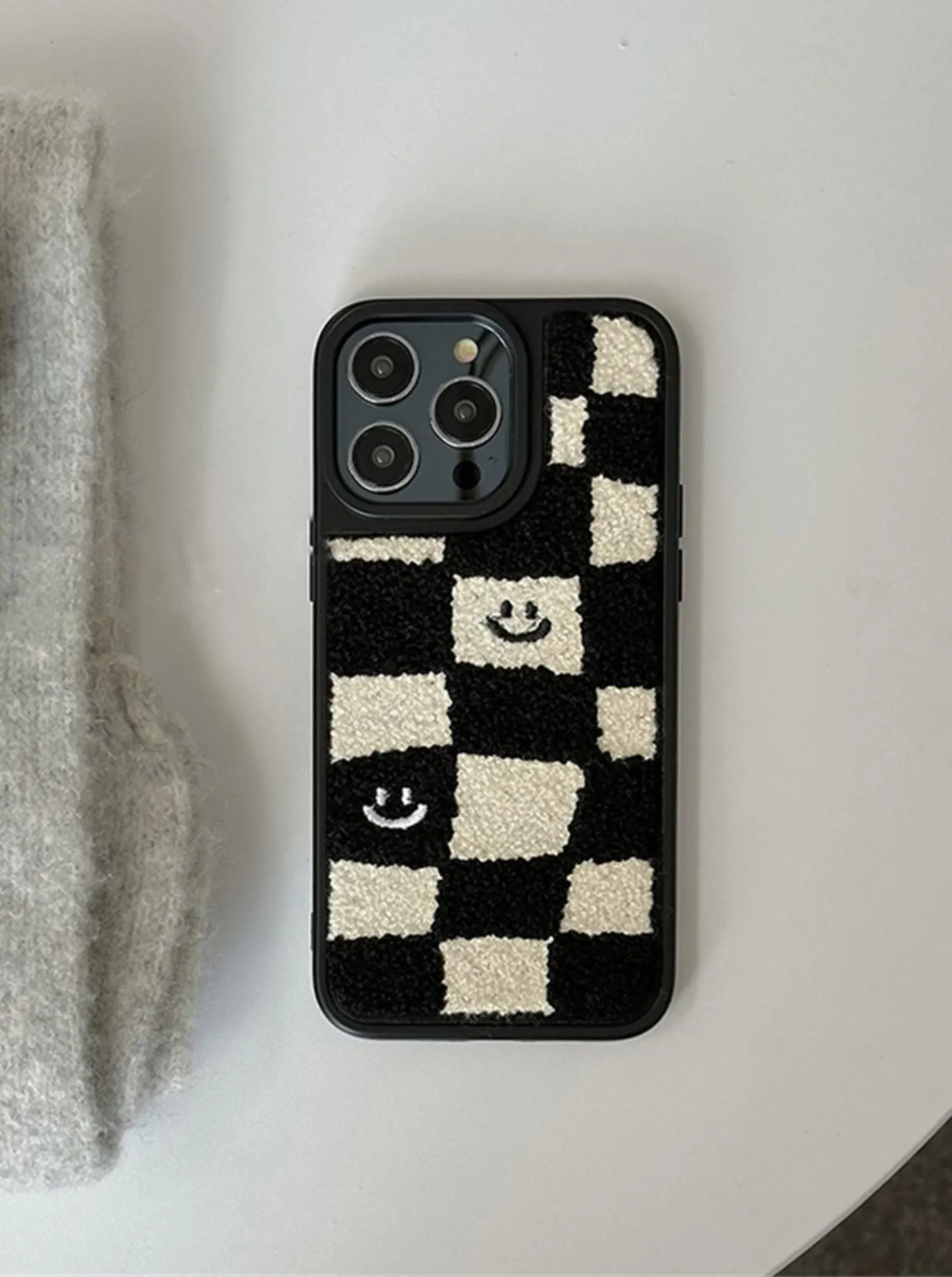 Smiley Checkerboard Embroidered iPhone Case