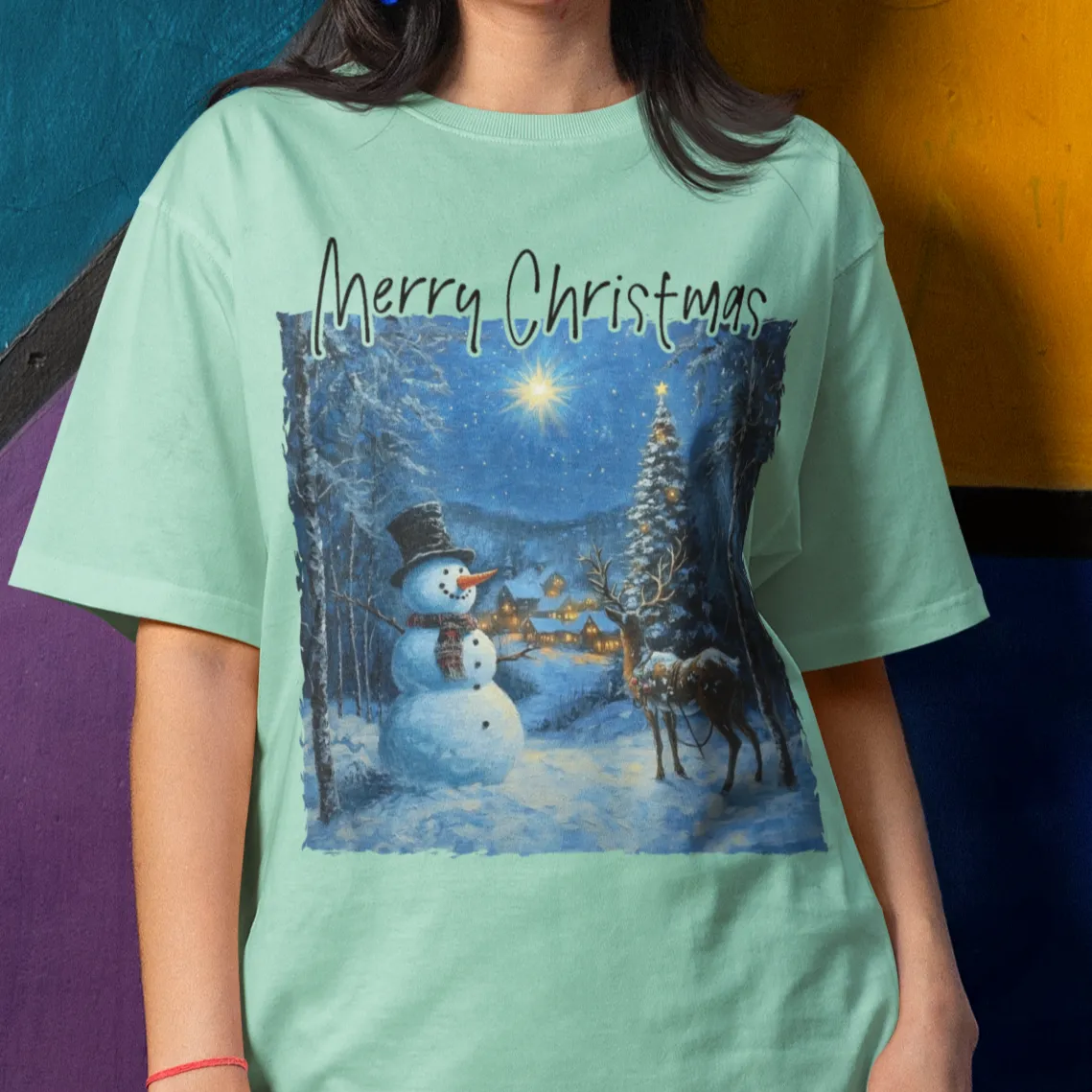 Snowman and Reindeer T-shirt, Winter Forest Holiday Tee, Christmas Scene Shirt, Magical Snowy Landscape Top, Festive Holiday Clothing,