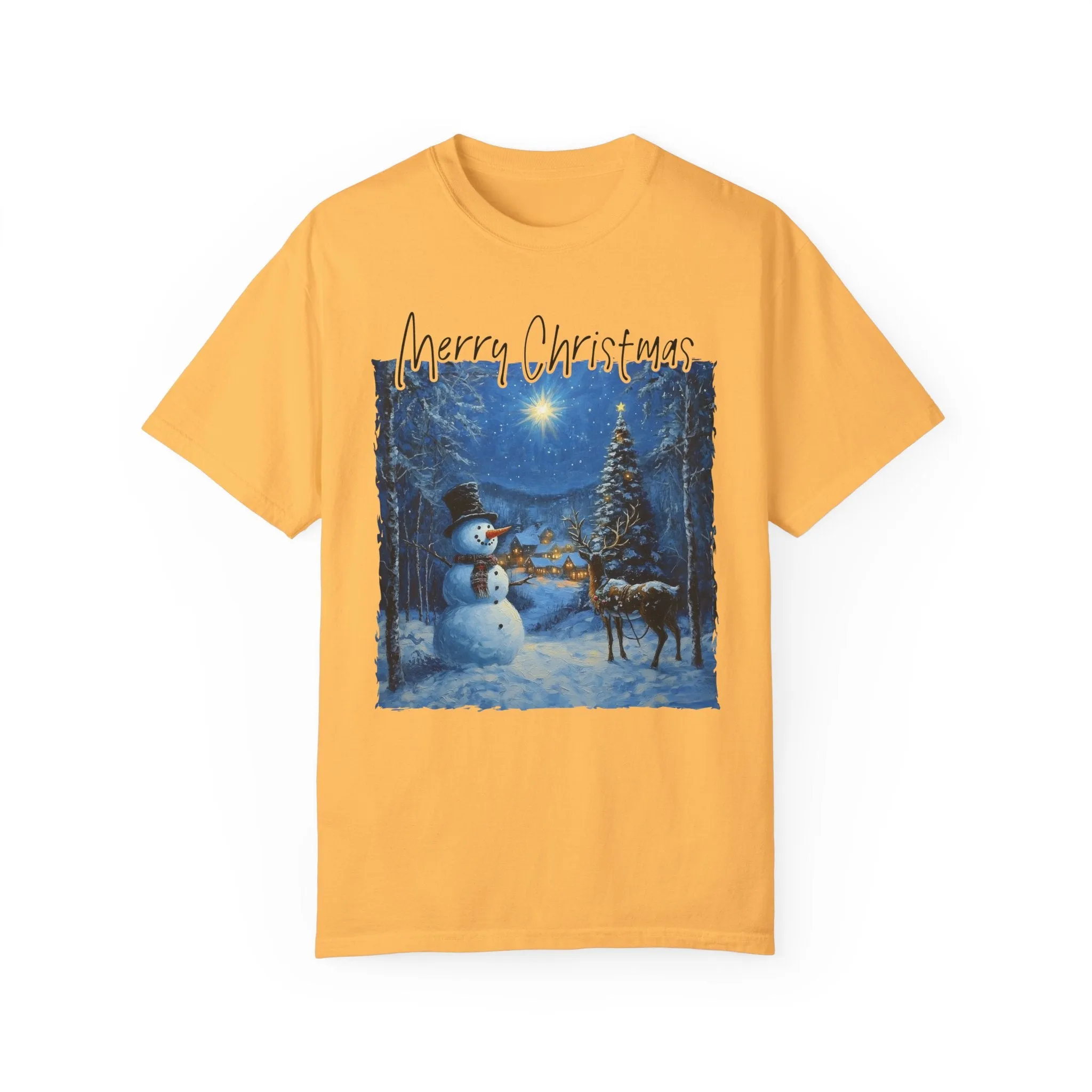 Snowman and Reindeer T-shirt, Winter Forest Holiday Tee, Christmas Scene Shirt, Magical Snowy Landscape Top, Festive Holiday Clothing,