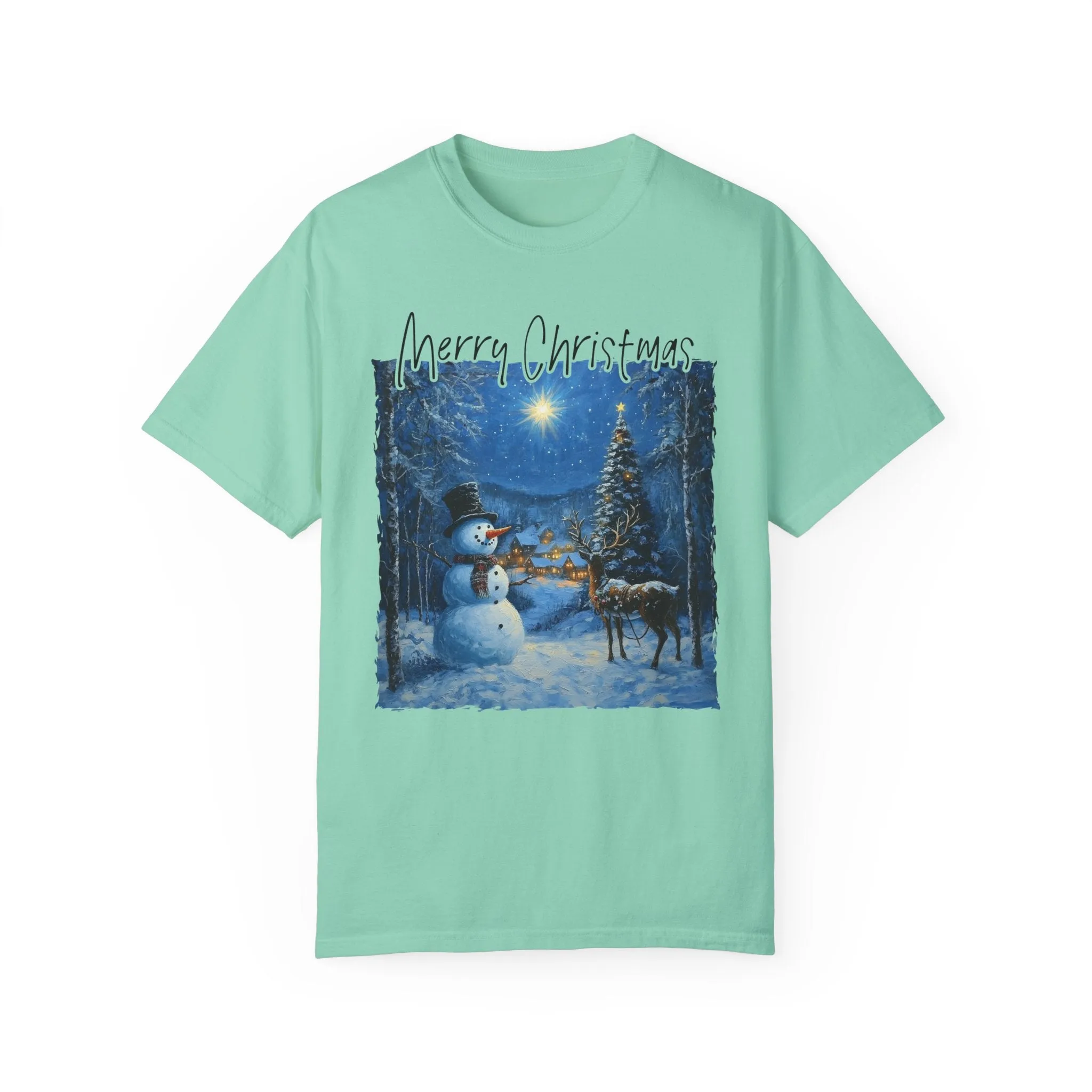 Snowman and Reindeer T-shirt, Winter Forest Holiday Tee, Christmas Scene Shirt, Magical Snowy Landscape Top, Festive Holiday Clothing,