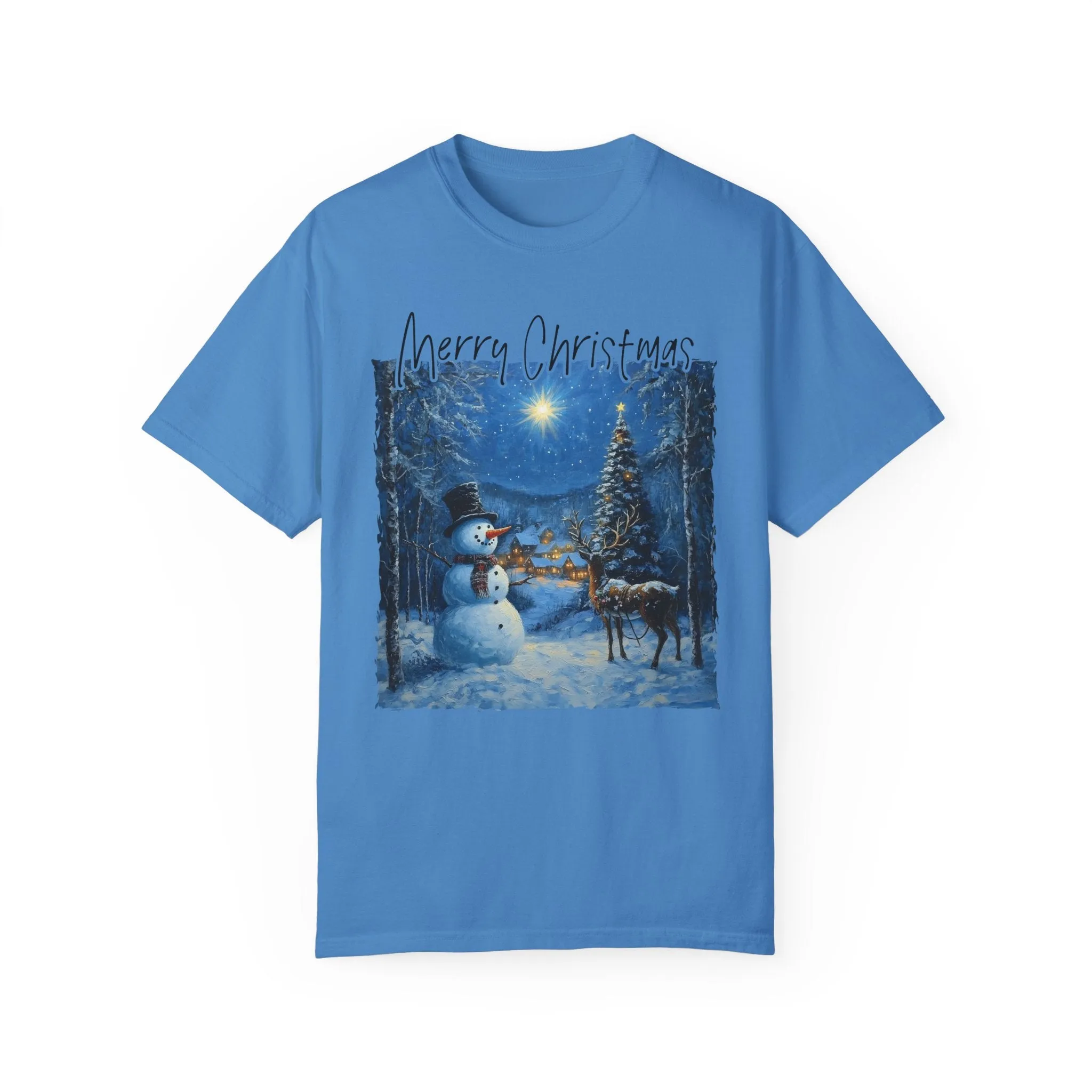 Snowman and Reindeer T-shirt, Winter Forest Holiday Tee, Christmas Scene Shirt, Magical Snowy Landscape Top, Festive Holiday Clothing,