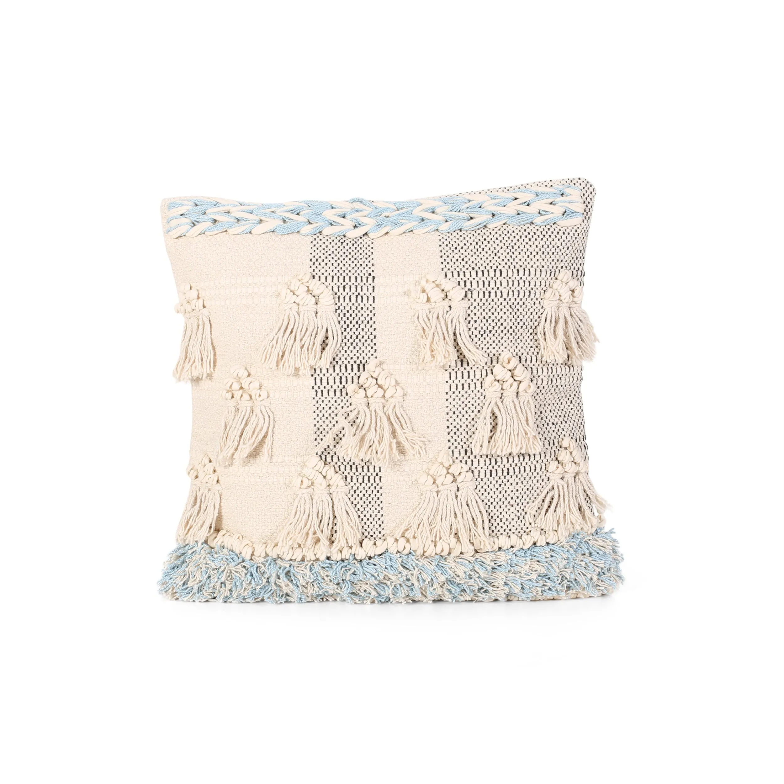 Stacy Boho Cotton Pillow Cover, Natural and Light Blue