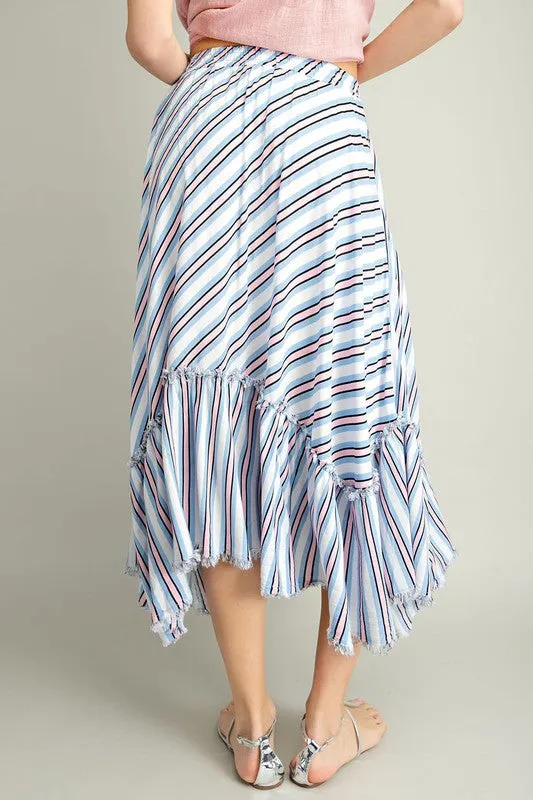 STRIPE TIERED MIDI FLARE SKIRT