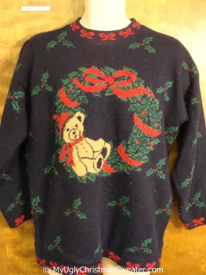 Tacky 80s Acrylic Christmas Sweater with Wreath and Bear