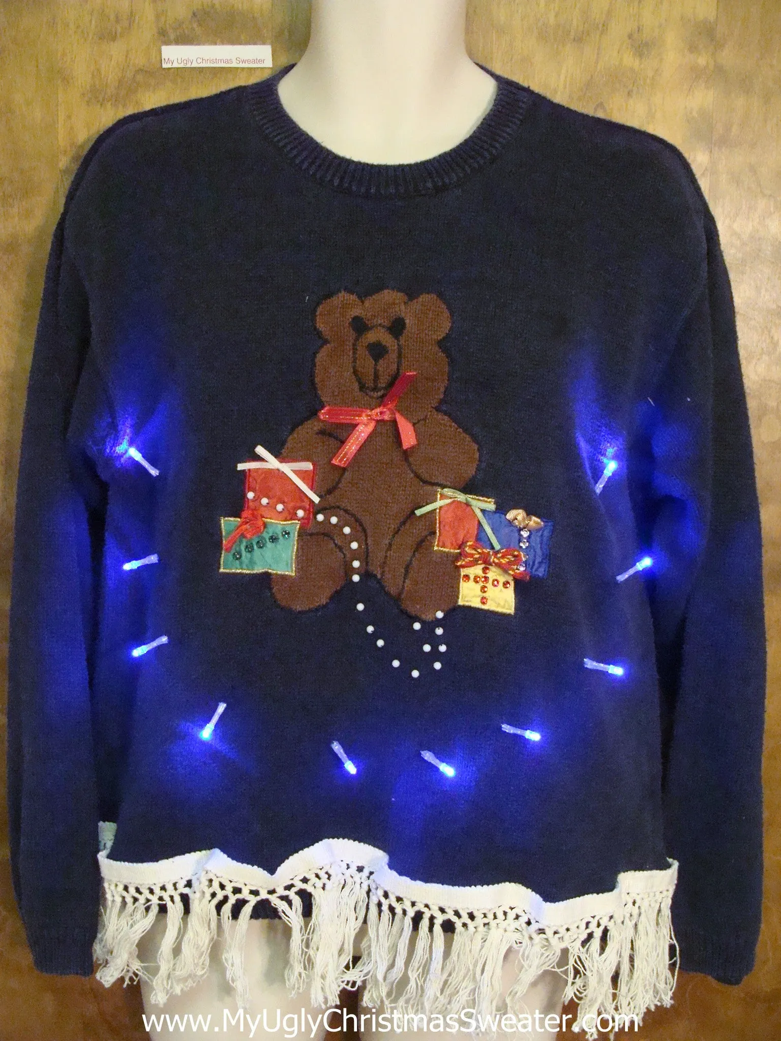 Teddy Bear Ugly Christmas Sweater with Lights and Fringe