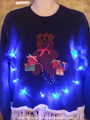 Teddy Bear Ugly Christmas Sweater with Lights and Fringe