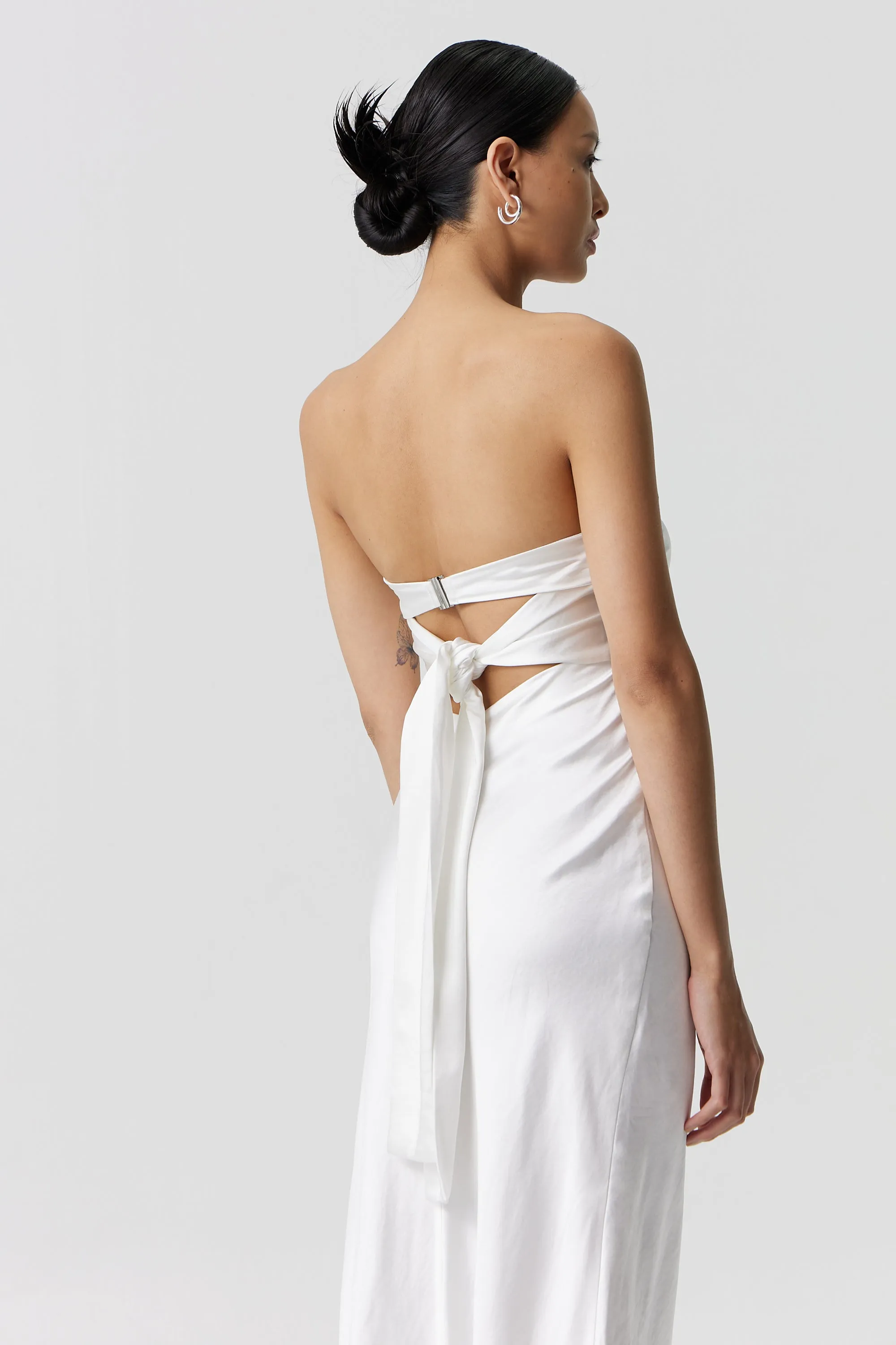 Third Form Satin Tie Back Strapless Midi Dress - Powder White