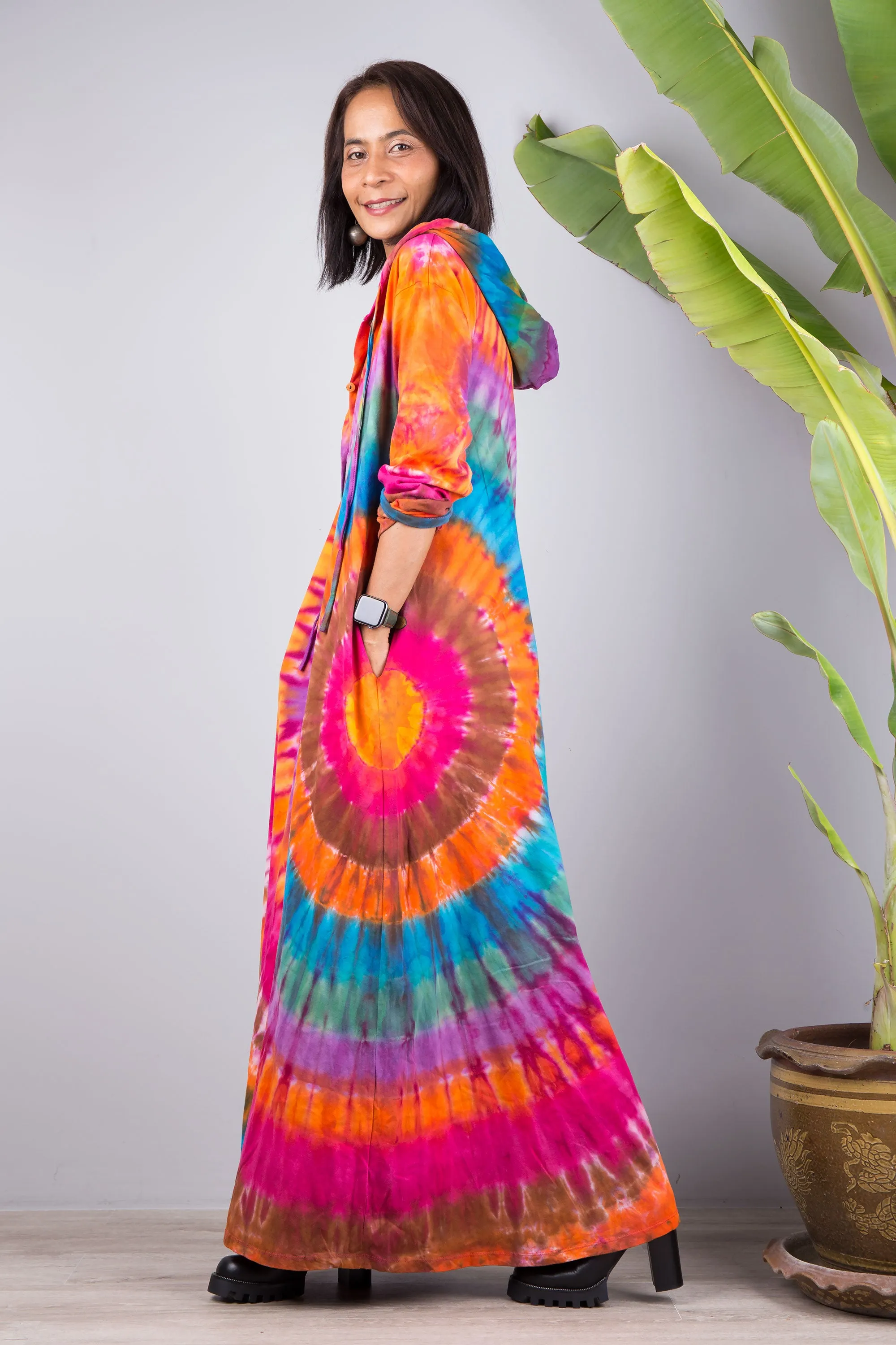 Tie dye cotton hoodie dress