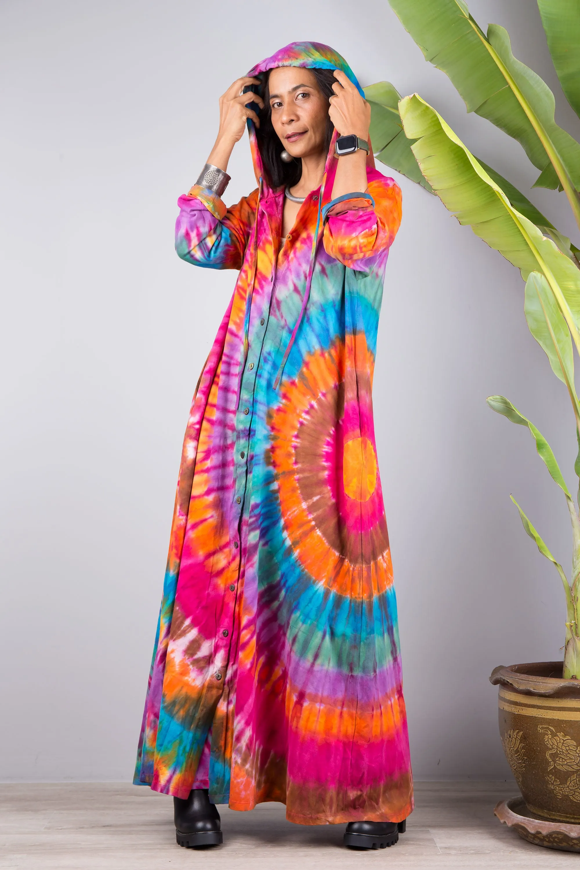 Tie dye cotton hoodie dress