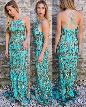 Turquoise   Gold Sequin Paisley Gown