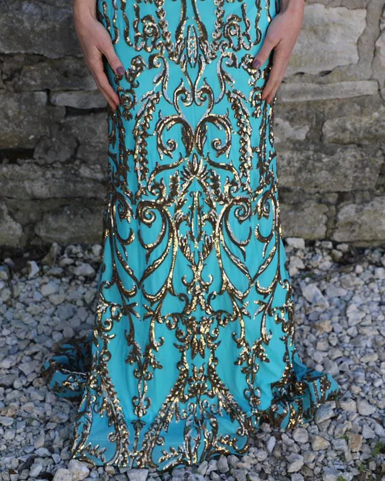 Turquoise   Gold Sequin Paisley Gown